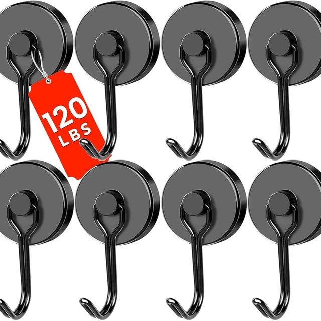 DIYMAG Black Magnetic Hooks 120LBS Strong Magnetics Heavy Duty 2026 Cruise Ship Essentials Magnets with Metal Hook for Hanging Refrigerator Home Kitchen Office, 8Pack