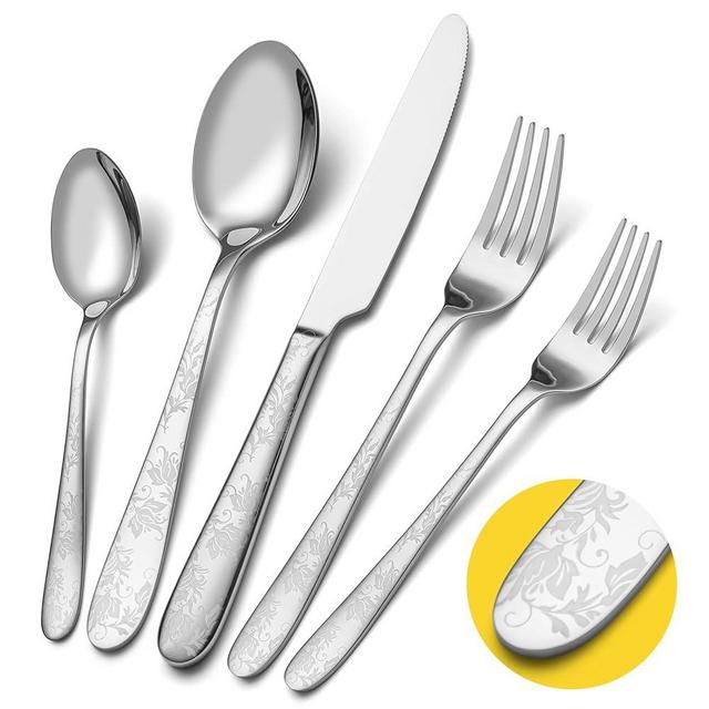 40 Piece Silverware Set, Service for 8, EIUBUIE Premium Stainless Steel Cutlery Set, Mirror Polished Flatware Sets with Pattern Handle, Modern Kitchen Eating Utensils Set