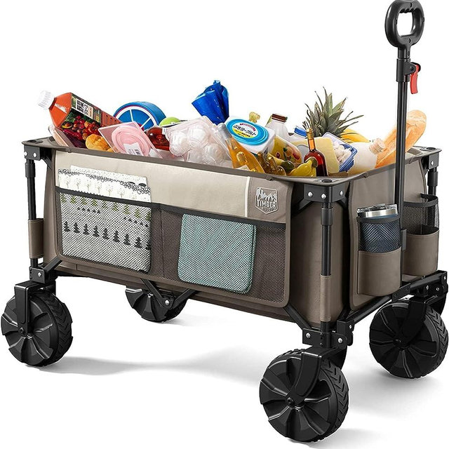 TIMBER RIDGE Outdoor Collapsible Wagon Utility Folding Cart Heavy Duty All Terrain Wheels for Shopping Camping Garden with Side Bag and Cup Holders,Tan
