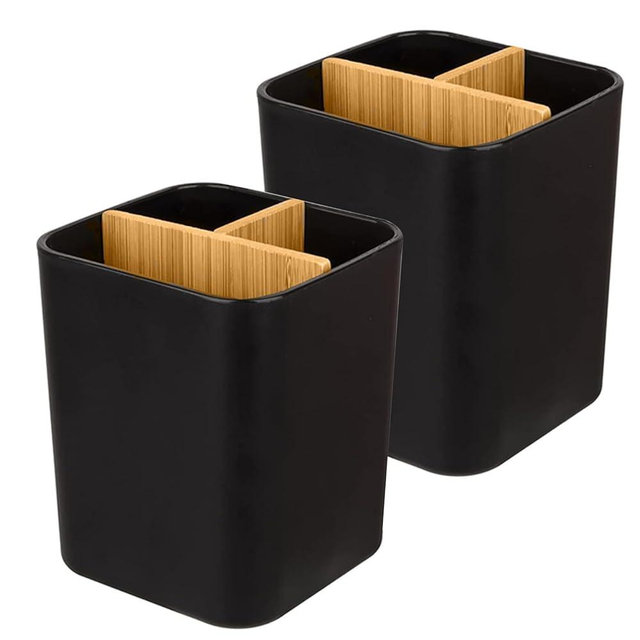 Bamboo Toothbrush Holder for Bathrooms, 3 Slots Toothbrush and Toothpaste Holder Bathroom Counter Organizer for Electric Toothbrushes, Floss, Razors, 2 Pack, Black