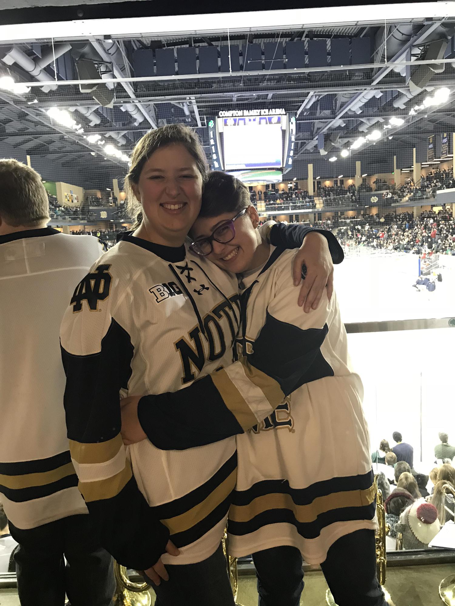 Senior year at Notre Dame, Katie learned the baritone to join Anna in hockey band!