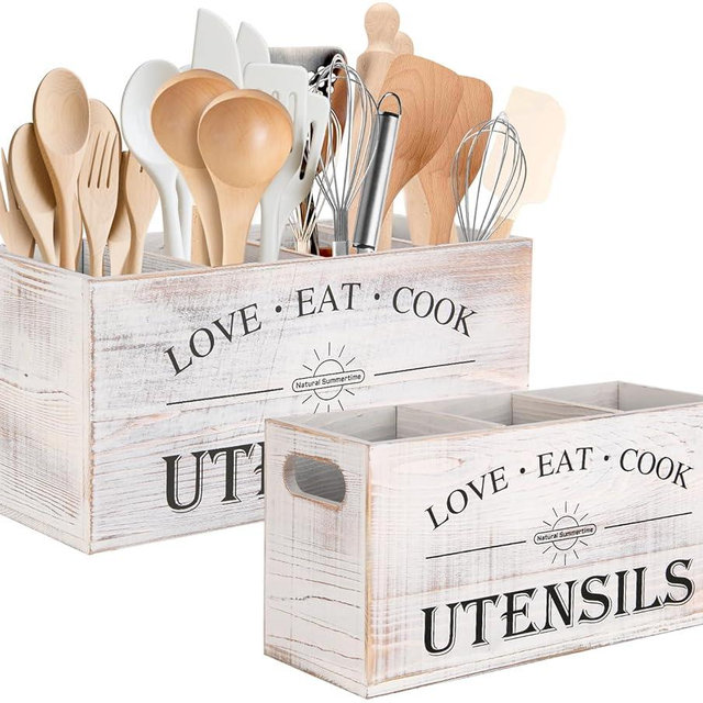 2 Pack Utensil Holder, 6.7"+6.18" Wooden Utensil Holder for Kitchen Countertop, Large Wood Utensil Organizer with Partition for Silverware and Cooking Storage, Farmhouse Kitchen Decor