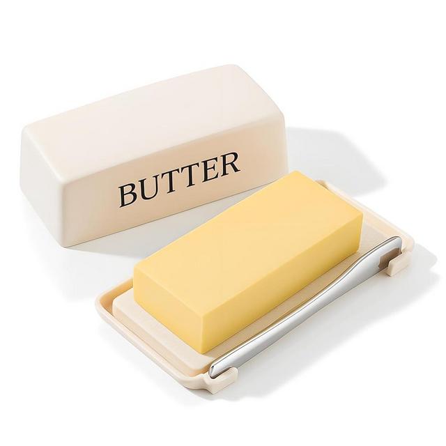 Butter Holder With Lid And Knife,Food Grade Plastic Butter Dish For Countertop,Large Butter Storage Container With Cover,White
