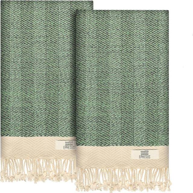 EPHESUS TOWELS Hand Towels - Set of 2 | 18" x 30" - Decorative Turkish Hand Towel for Bathroom, Kitchen, Guest, Face, Hair, Tea, Dishcloth (Herringbone, Apple Green)