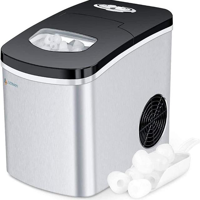 LITBOOS Portable Ice Maker Machine for Countertop, 9 Bullet Ice Cube Ready in 7-9 Mins, 26 lbs/24H Production, Electric Icemaker with Scoop and Basket, Stainless Steel