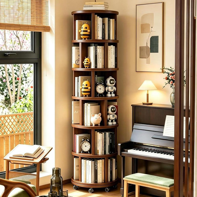 MKSDJIW 6 Tier Rotating Bookshelf - 360° Solid Wood Spinning Book Shelf Tower with Wheels - Rolling Revolving Bookcase for Small Spaces, Corner, Bedroom, Kids Room, Office, Walnut