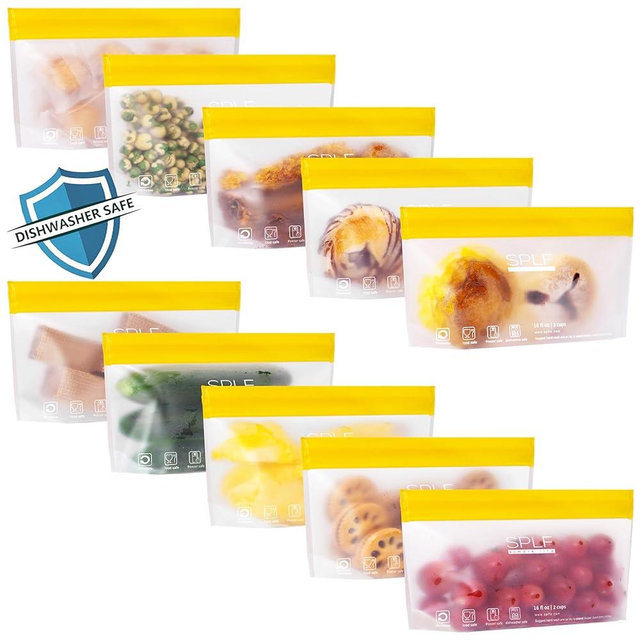 SPLF 10 Pack Reusable Snack Bags Stand Up, Dishwasher Safe Extra Thick Leakproof Food Storage Bags, BPA Free Foldable Freezer Bags for Snack, Candy, Lunch, Fridge Organization