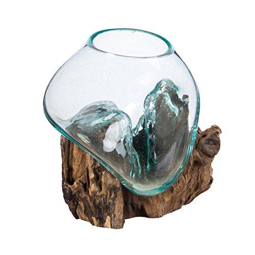 Cape Craftsmen Hand-Blown Blue Tinted Bubble Glass On Driftwood Terrarium Décor Planter (Small)