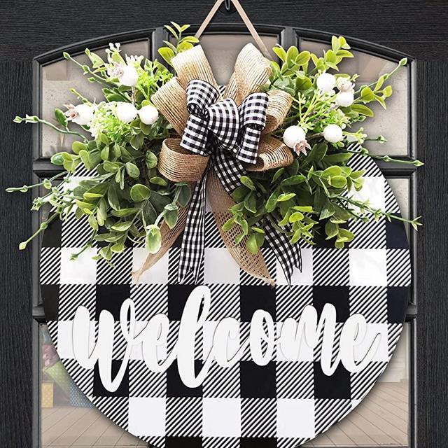 spring wreath for Front Door,Black and White Buffalo Plaid Kitchen Decor w/ Light,Welcome Sign for front door,buffalo check spring summer decor,farmhouse wall decor,Housewarming gift,porch wooden door hanging decor-12inch