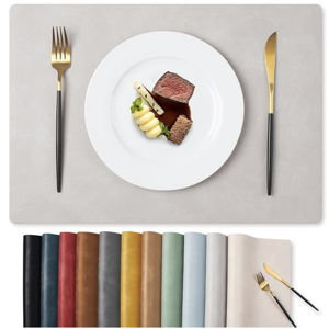 Vinyl Placemats Set of 4-12 X 17 Inch - Faux Leather 100% Waterproof Oil-Proof Wipeable PU Place Mats, Heat Resistant Reversible Table Mats for Kitchen, Dining, Outdoor, Light Grey