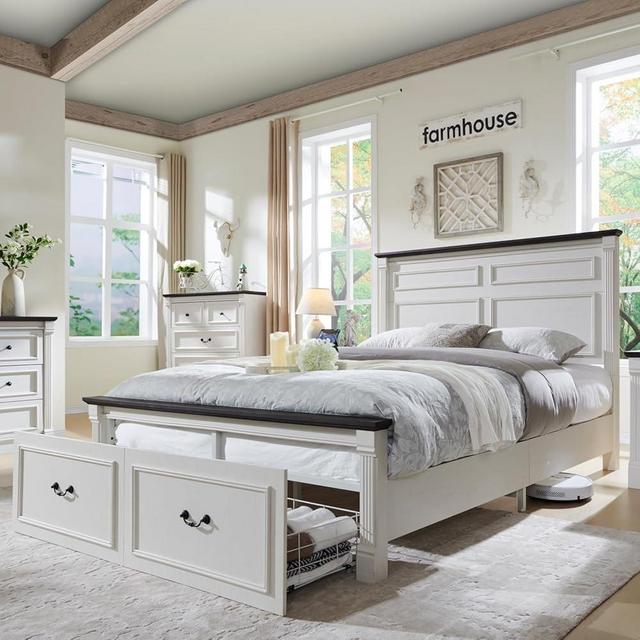Aitjunz Farmhouse Full Size Bed Frame with 51" Tall Headboard, Wood Platform Bed Frame with 20" Tall Roman Column Decoration Footboard & 2 Large Storage Drawers, No Box Spring Needed (White)