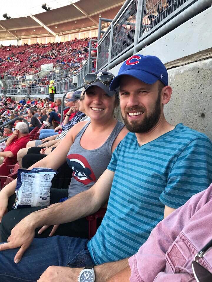 Enjoying a Cubs game in Cincinnati.