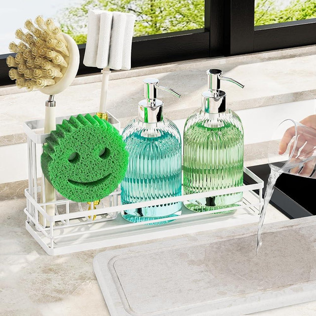 galasily Sink Caddy Organizer with Water Absorbing Stone Tray, Instant Dry Sponge Holder Smiley Face, Dish Brush Holder for Countertop, Kitchen Storage Accessories and Organization Essentials (White)
