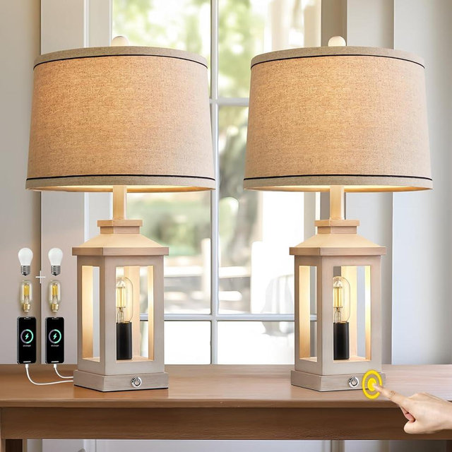 G-SAFAVA 23.75" Retro Farmhouse USB C+A Ports Table Lamp Set of 2 with 3 Way Dimmable Touch Control White Nightlight Vintage Modern Lamp for Living Room Bedroom with 2 Light Sources(4 Bulbs Included)