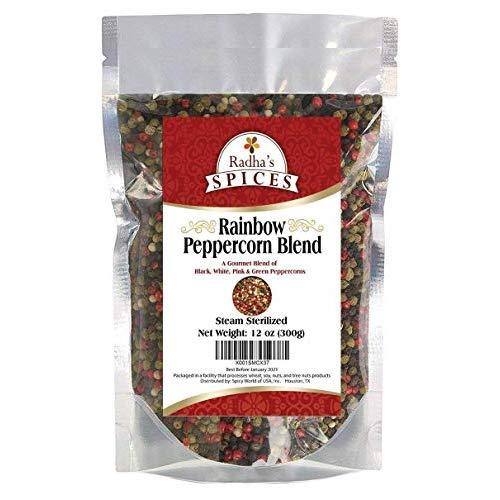 Radha's Four Peppercorn Rainbow Blend - 12 ounces - Steam Sterilized - Black, White, Green & Pink Peppercorns