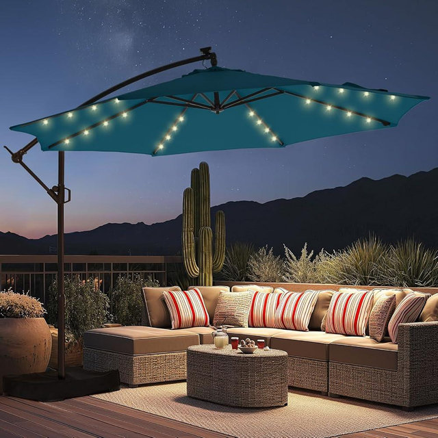 HOMSHADE 10ft Solar Lights Offset Cantilever Patio Umbrella - with Light and Base, LED Lighted Offset Hanging Patio Outdoor Market Umbrella UPF50+ UV Protection with Easy Tilt and Crank (Peacock Blue)