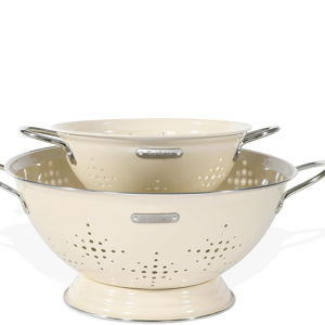 Metal Colander 2 Pack, Strainer Bowel with Handles 2Qt & 6Qt Powder Coated Solid Ring Base Heavey Duty Kitchen Drainer Basket for Pasta Veggies and Fruits,New Home Apartment Essentials (Almond Cream)