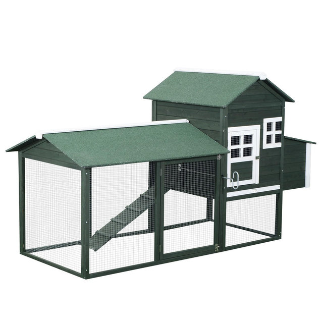 PawHut 84" Wooden Chicken Coop, Chicken House Poultry Hen Cage with Covered Big Run, Nesting Box, and Perches, Green