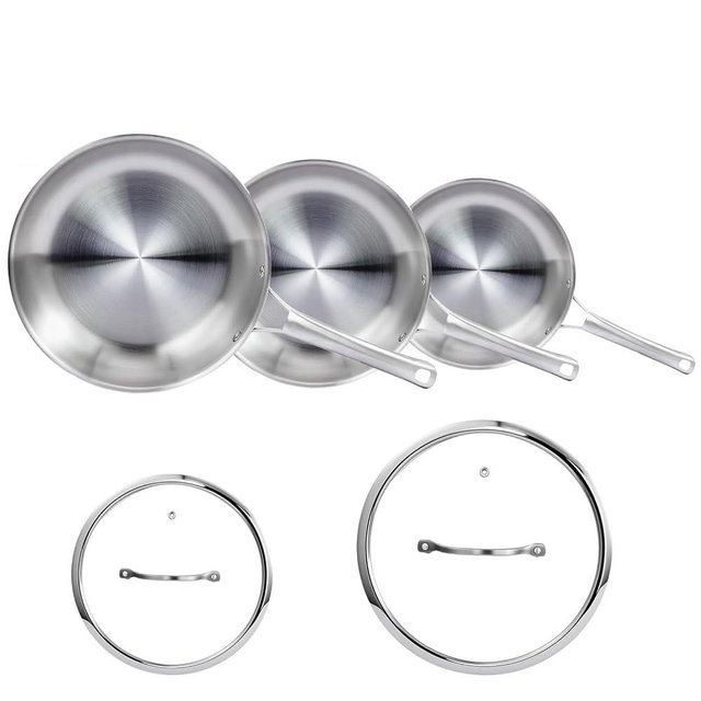 Bonnlo 5 Pieces Cookware Set, 3-Ply Stainless Steel Skillets Set with Lids, Chef's Pan Kitchen Set, Oven & Dishwasher Safe, Induction Cooking Set, PFOA & PTFE Free, Compatible for All Cooktops