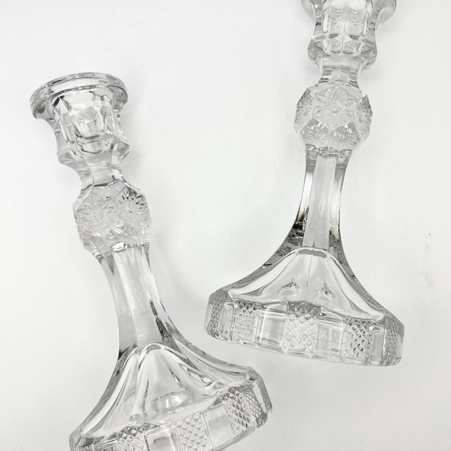 Vintage Pair of Imperial Crystal Glass Candlestick Candle Holders Beveled Hobstar Pattern MCM