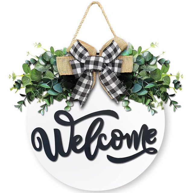 Welcome Sign for Front Door, Front Door Decor for Farmhouse Porch, Rustic Welcome Wreaths with Stapled Greenery, Round Wooden Hanging Sign Housewarming Gift for Home Outdoor Indoor (White)