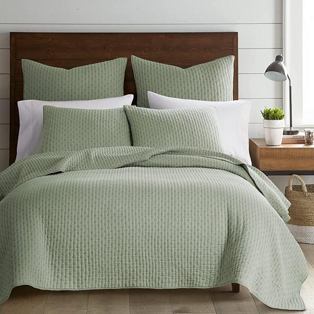 Levtex Home - Cross Stitch Quilt Set - 100% Cotton - Full/Queen Quilt (88x92in.) + 2 Standard Shams (26x20in.) - Desert Sage Quilt with Matching Stitching
