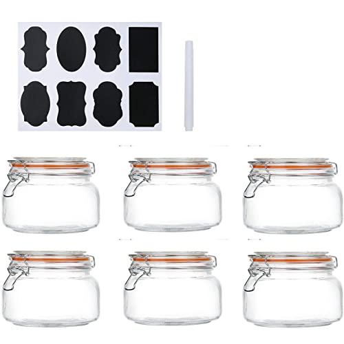 Encheng 16 oz Glass Jars With Airtight Lids And Leak Proof Rubber Gasket,Wide Mouth Mason Jars With Hinged Lids For Kitchen,Glass Storage Containers 6 Pack