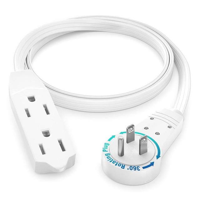 Maximm Cable 2 Ft 360° Rotating Flat Plug Extension Cord/Wire, 16 AWG Multi 3 Outlet Extension Wire, 3 Prong Grounded Wire - White - UL Certified