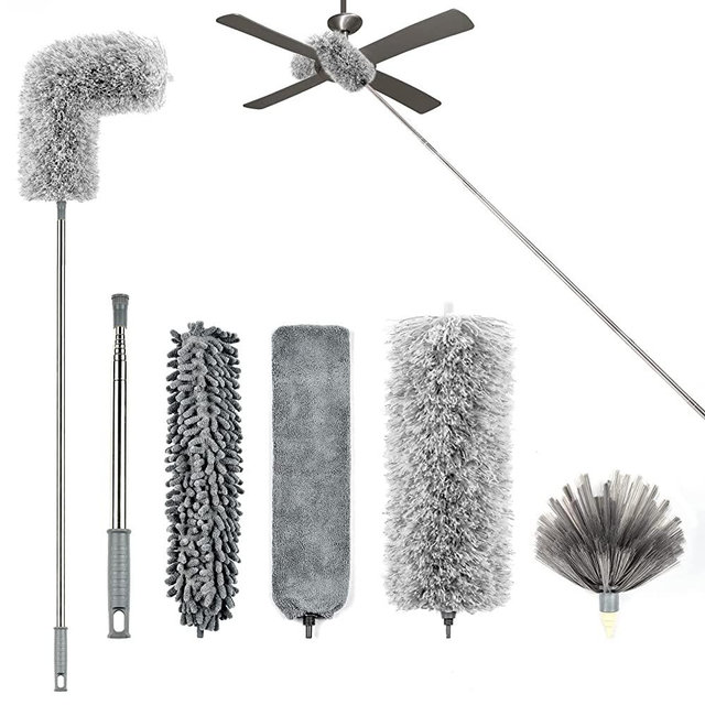 Microfiber Duster with Extension Pole(2.5-8ft), 4 in 1 Extendable Duster Kit, Washable & Bendable Duster, Long Handle Feather Duster, Cobweb Duster for Cleaning Ceiling Fans, High Ceilings, Furniture