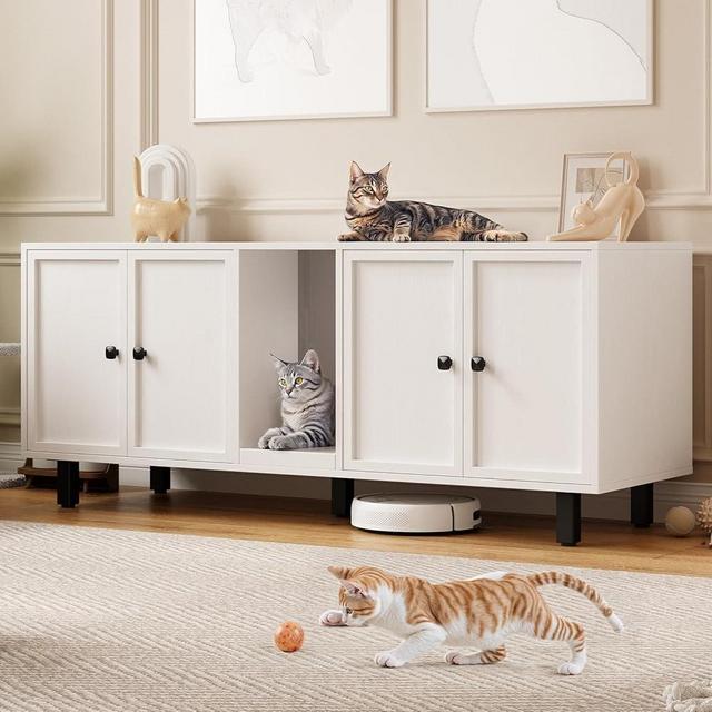 ONBRILL 59 Inches Cat Litter Box Enclosure for 2 Cats, Hidden Litter Boxes Furniture with Cat Scratch Pad, Large Indoor Pet House with Double Room, Wooden TV Stand Side Table, Off White