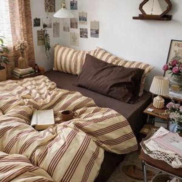 Vintage 3-Piece 100% Cotton Duvet Cover Set With Pillow Shams - Red/Cream Striped, King Duvet Cover + 2 King Shams