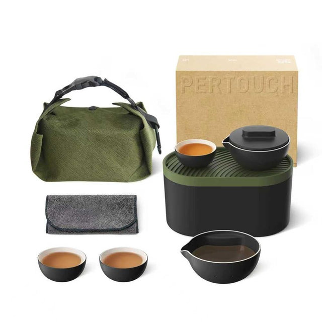 PERTOUCH-T1 Portable Gongfu Tea Set Asian Style Travel Tea Set Double-Wall Insulated Ceramic Kit with Teapot, Fair Cup, 3 Tea Bowls, Tea Tray & Waterproof Travel Bag for Outdoor, Car, Home, Office