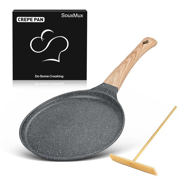 SouxMux Nonstick 8-Inch Crepe Pan with Spreader, Ceramic Coated Dosa Tawa Pan, Induction Compatible Flat Skillet for Pancakes, Omelettes, and More with Cool Handle, PFOA Free