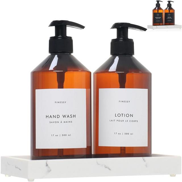 FINESSY Hand Soap Dispenser Bathroom and Kitchen Set with Tray and Pump, Glass-Like Finish Aesthetic Amber Kitchen Soap Dispenser Set, Hand Soap Lotion Dispenser Set with Tray, Dish Soap Bottle Pump