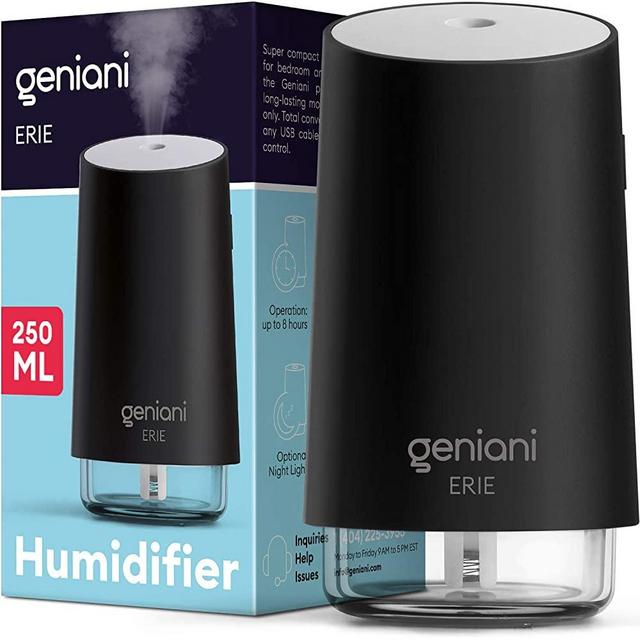 GENIANI Portable Small Cool Mist Humidifiers - USB Desktop Humidifier for Plants, Office, Car, Baby Room with Auto Shut Off & Night Light - Quiet Mini Humidifier (Black)