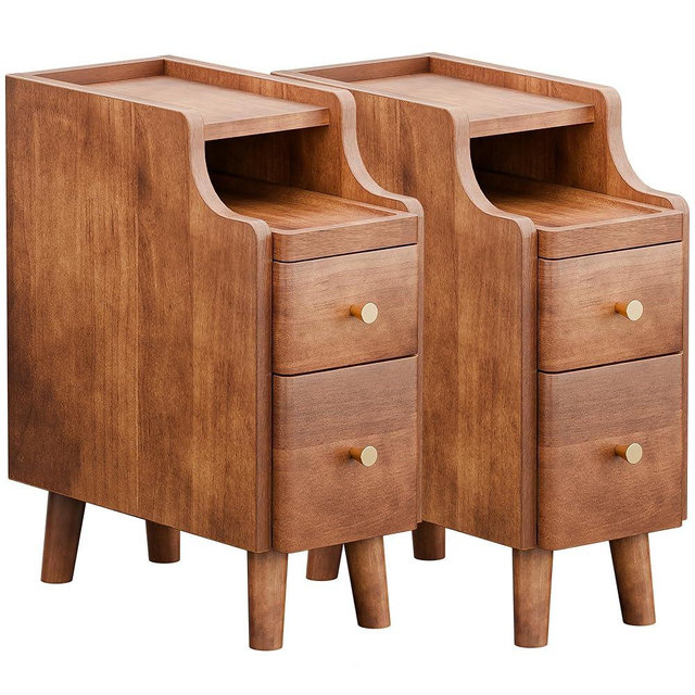 Narrow Nightstand Set of 2, 19.7" H Pre-Assembled Solid Wood Small Skinny Night Stand with Drawers, Open Sliding Shelf, Mid Century Modern Slim Bedside Table for Bedroom, Sofa End Side Table, Walnut