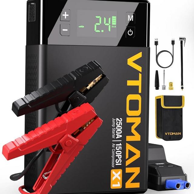 VTOMAN X1 Jump Starter with Air Compressor, 2500A Portable Battery Booster (Up to 8.5L Gas/6L Diesel Engines) with 150PSI Digital Tire Inflator, 12V Car Lithium Battery Jump Box Pack Power Charger