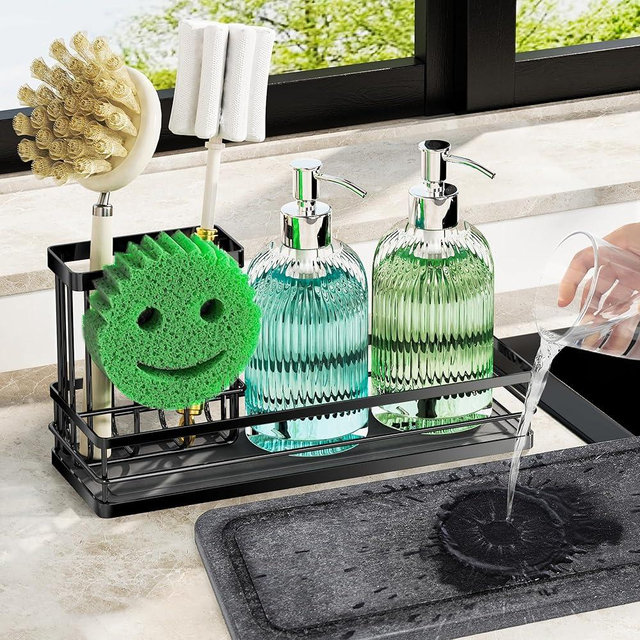 galasily Sink Caddy Organizer with Water Absorbing Stone Tray, Instant Dry Sponge Holder Smiley Face, Dish Brush Holder for Countertop, Kitchen Storage Accessories and Organization Essentials (Black)