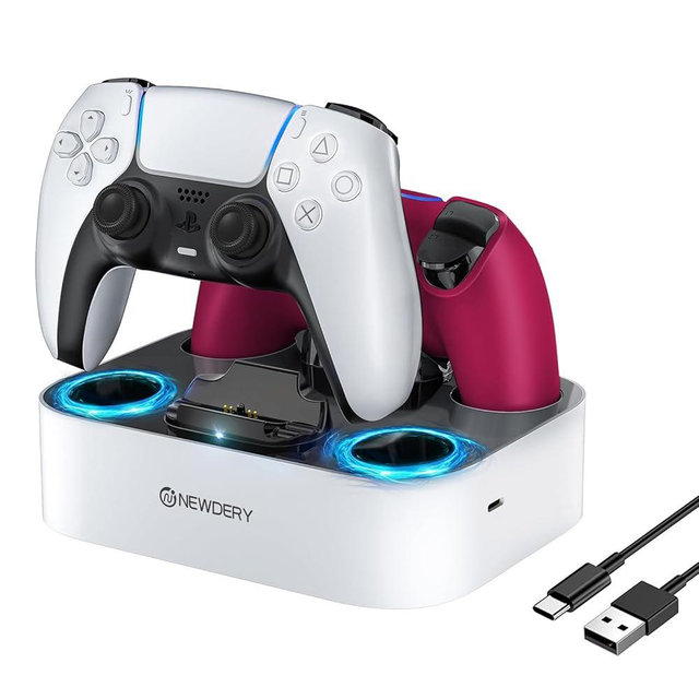 NEWDERY PS5 Controller Charger Station Compatible with Dualsense Edge Controller, Fast Charging Dock Stand with Cable, Dual Controller Charging Station for PlayStation 5 & DualSense Edge Controller