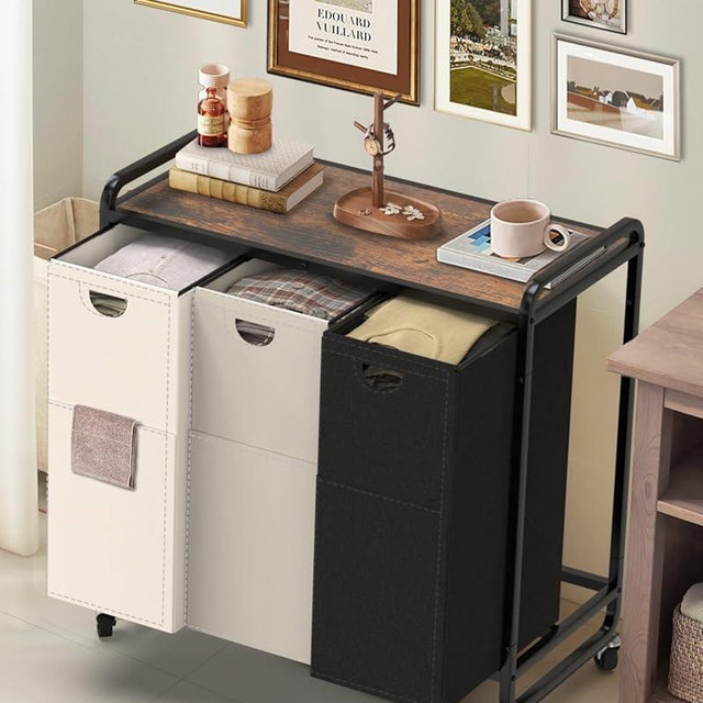 Laundry Sorter 3 Section,Laundry Basket with Wheels,3×15.8 Gal (60L) Laundry Hamper Organizer with Large Wooden Desktop Sorter,Pull-Out and Removable 900D Oxford Fabric Laundry Bags for Laundry Room