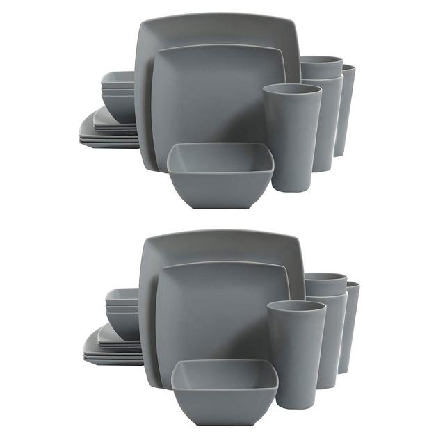 Gibson Home Soho Grayson Square Melamine Everyday 16 Piece Reactive Glaze Dinnerware Set Plates, Bowls, and Cups, Dishwasher Safe, Grey