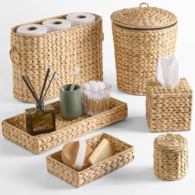 Best Choice Products 6PC Bathroom Accessories Set, Vanity Trays, qtip Canister, Square Tissue Box Cover, Small Wicker Trash Can, Toilet Paper Basket, Storage Organizer, Water Hyacinth - Natural