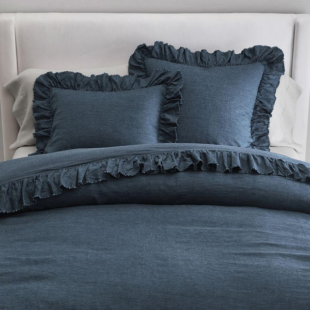 Denim Belgian Flax Linen Fringe Ruffle Duvet Cover, King/Cal. King