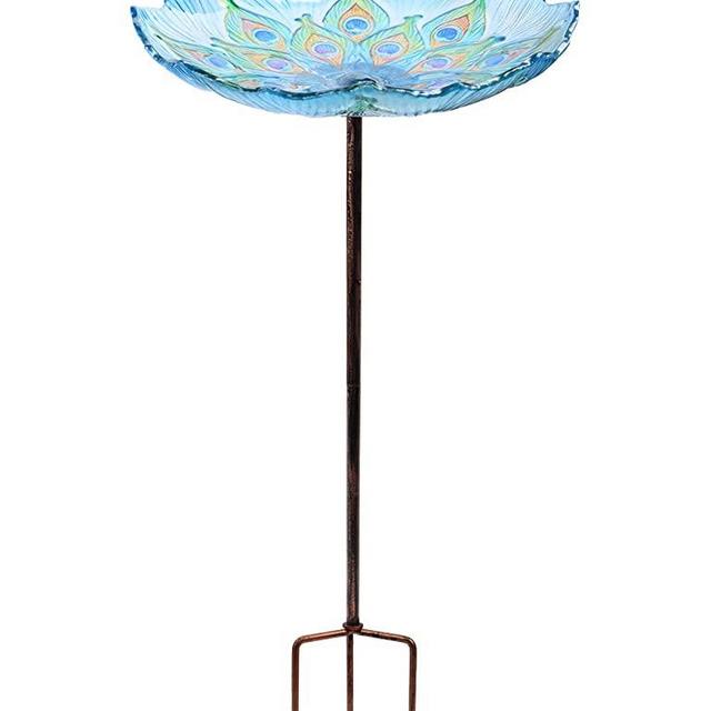 MUMTOP 26 Inch Height Glass Bird Bath,Garden Outdoor Birdbaths Birdfeeder with Metal Stake Peacock