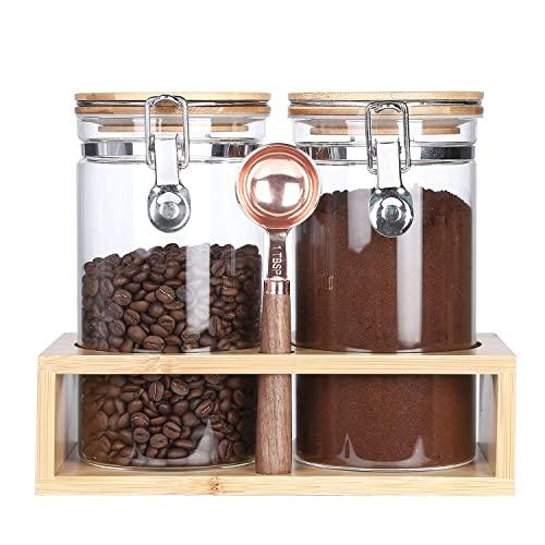 KKC Home Accents Borosilicate Glass Food Storage Jars with Airtight Locking Clamp Bamboo Lids,Coffee Bean Storage Container,Sealed Glass Containers,Nut,Cookie Jar,40 FLoz,2 Pack
