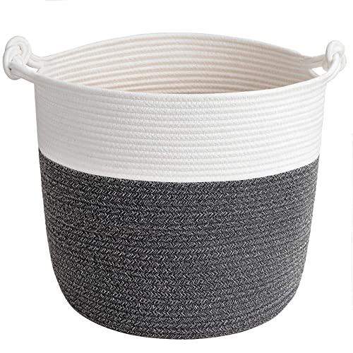 Goodpick Cotton Rope Basket with Handle for Baby Laundry Basket Toy Storage Blanket Storage Nursery Basket Soft Storage Bins-Natural Woven Basket, 15'' × 15'' × 14.2'', Dark Grey