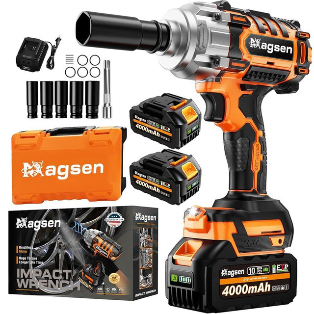 MAGSEN 1/2 inch Cordless Impact Wrench, 900Ft-lbs (1200N.m) High Torque Brushless Impact Gun,3800RPM,2x4000mAh Battery, 6 Sockets,LED Light,Electric Impact Motor Variable Speeds for Car/Mower/Pickup
