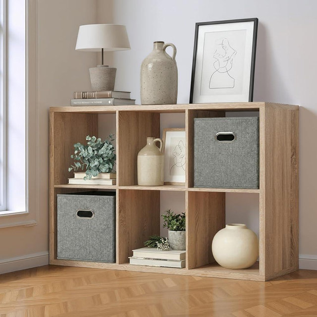 Fencer Wire 6-Cube Storage Organizer Shelf with Extra Thick Exterior Edge, 13-Inch Room Open Storage Shelf Divider, Bookcase, Natural Oak