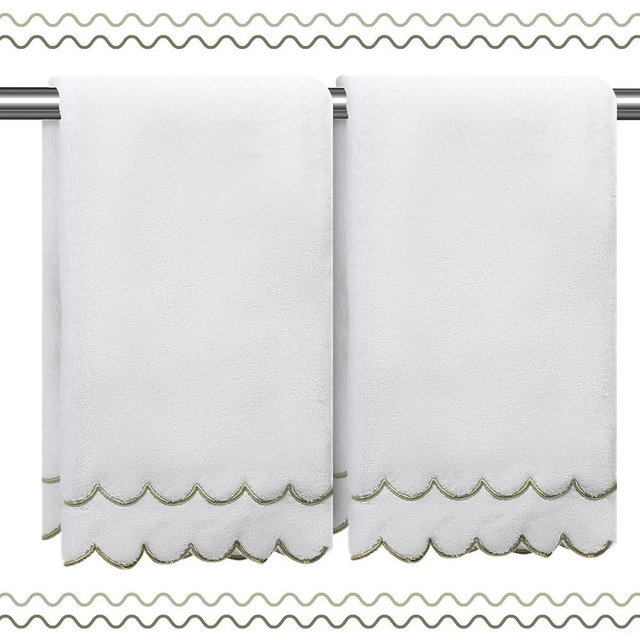 RRBXIA 100% Cotton Hand Towels for Bathroom 2 Pcs Scalloped Hand Towels 16 * 27 Inch Embroidered Decorative 500 GSM Soft Absorbent Bath Towel for Spa Yoga Hotel Sport (Sage Green)
