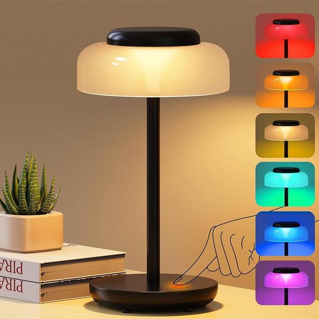QiMH Battery Operated LED Table Lamp, 5000mAh Cordless Desk Lamp with 3 Level Brightness Touch Control, Mini Rechargeable Night Light for Living Room, Bedroom, Outdoor bar (Black-RGB)